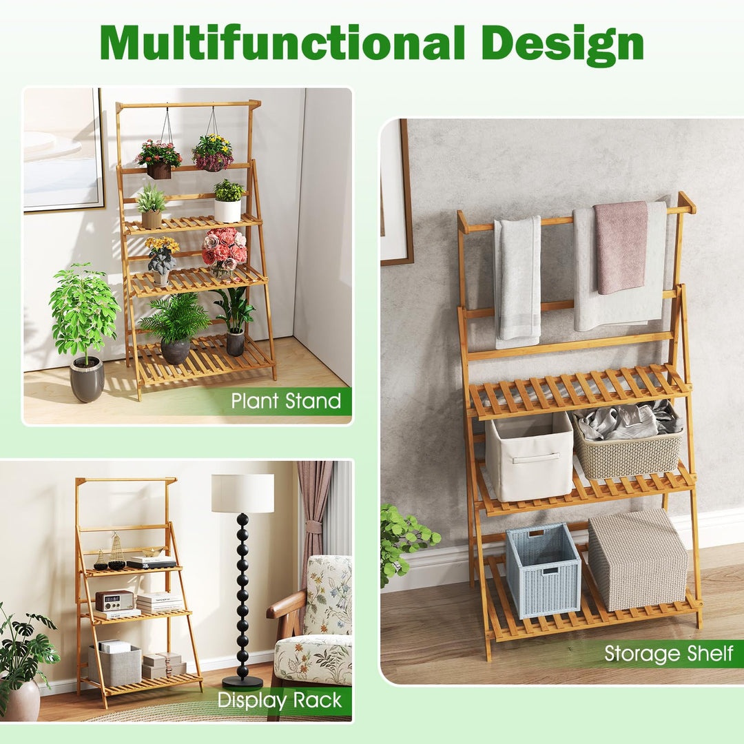 Giantex Plant Stand Indoor Outdoor - Bamboo 3-Tier Hanging Tall Ladder Flower Pot Display Organizer Rack