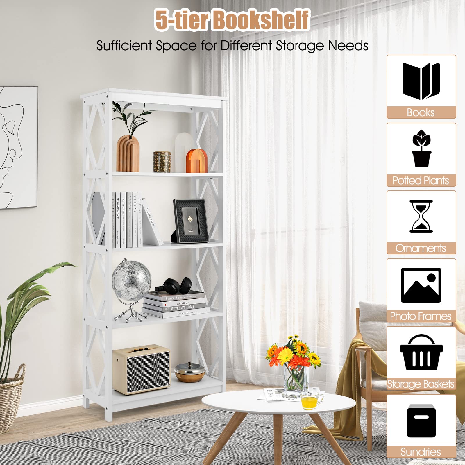 Giantex 5-Tier 61" Tall Wooden Bookshelf - Modern Freestanding Open Shelving Storage Display Shelf