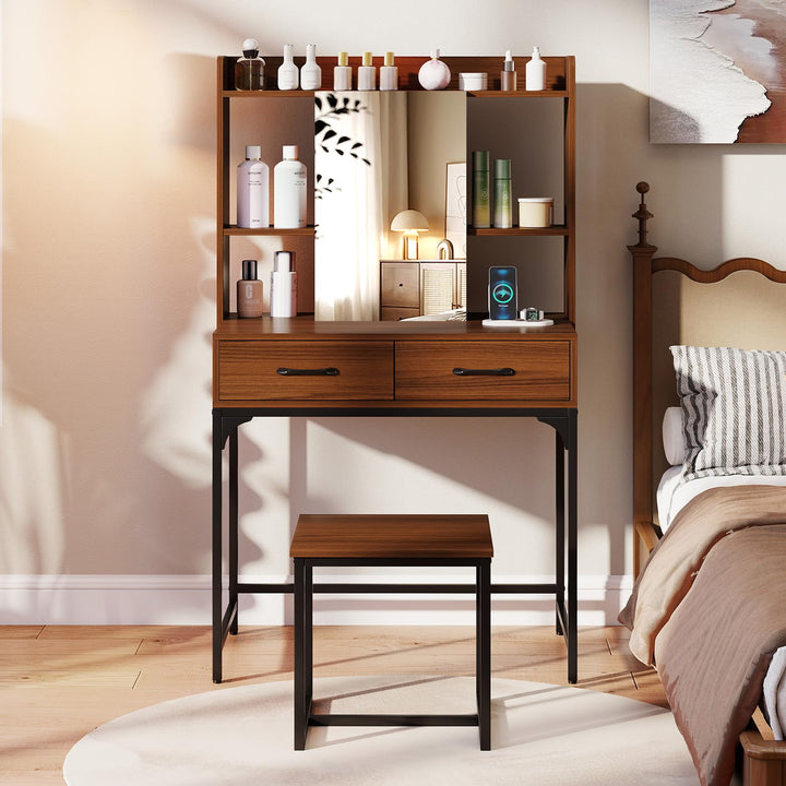 CHARMAID Vanity Desk with Charging Station Mirror Cabinet with Hidden Storage