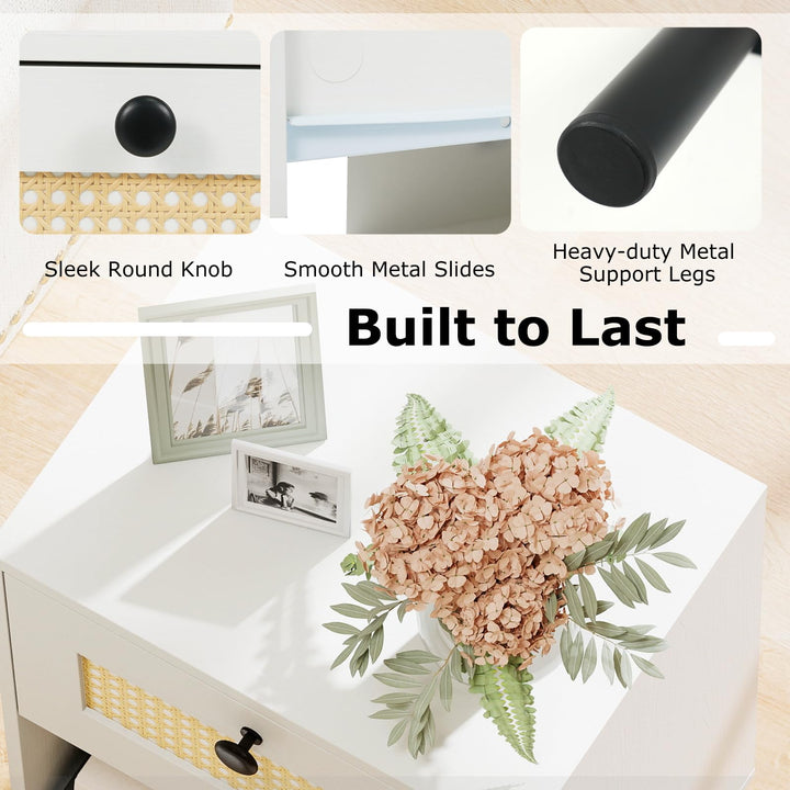 Giantex Rattan Nightstand Boho End Table with Rattan Drawer and Open Shelf