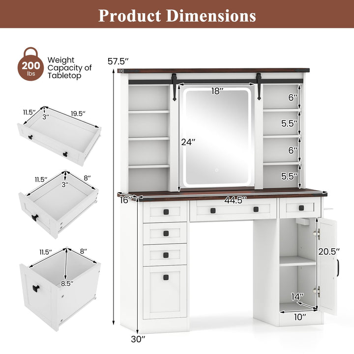 CHARMAID Farmhouse Vanity Table with Barn-Style Sliding Lighted Mirror 45 in Makeup Vanity Desk with Charging Station