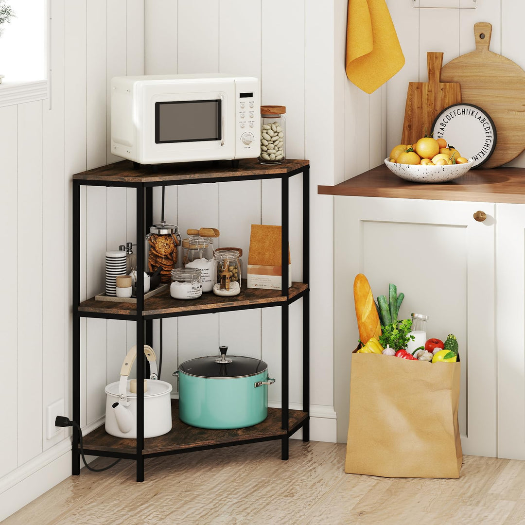 Giantex Corner Printer Stand 3-Tier Corner Shelf with Charging Station and Metal Frame