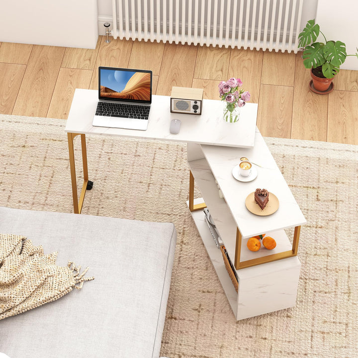 Giantex 360° Free Rotating Sofa Side Table Modern L Shaped Desk with Storage Bookcase