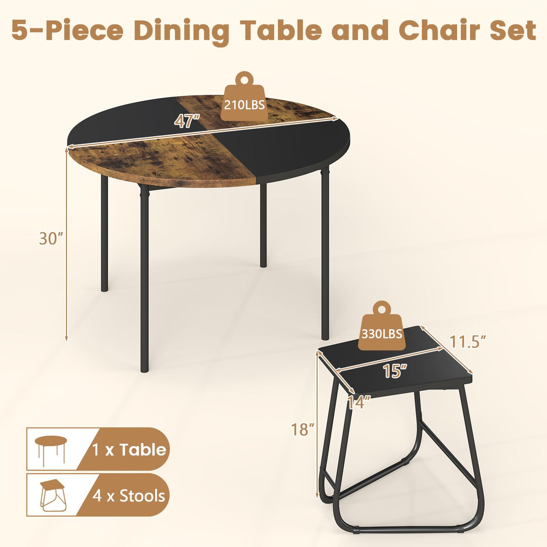 Giantex 5-Piece Dining Set 47" Round Kitchen Table and 4 Stools with Wooden Tabletop
