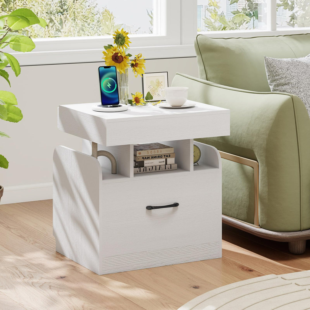 Giantex Nightstand with Charging Station Modern Bedside Table for Living Room Bedroom Office