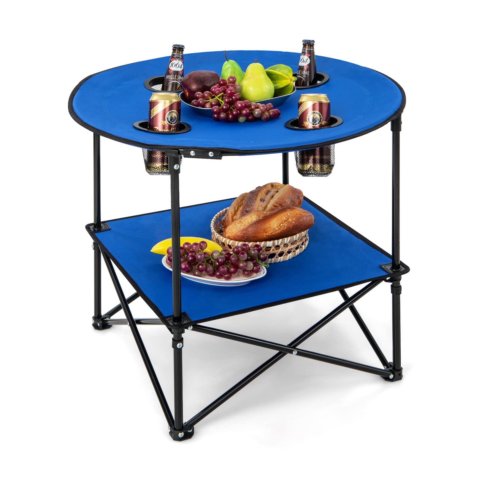 Giantex Folding Camping Table, 2-Tier Portable Picnic Table w/Carrying Bag, 4 Cup Holders