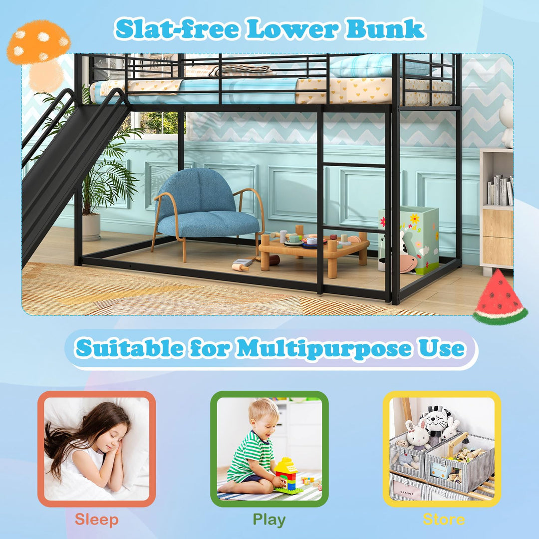 Giantex Twin Over Twin Bunk Bed with Slide & Ladder House-Shaped Metal Bunk Bed Frame with Safety Guardrail & Roof