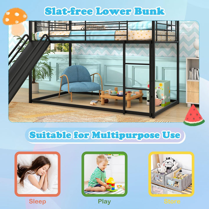Giantex Twin Over Twin Bunk Bed with Slide & Ladder House-Shaped Metal Bunk Bed Frame with Safety Guardrail & Roof