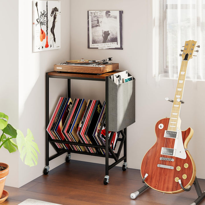 Giantex Rolling Record Player Stand 2-Tier with Vinyl Storage and Magazine Holder Bag