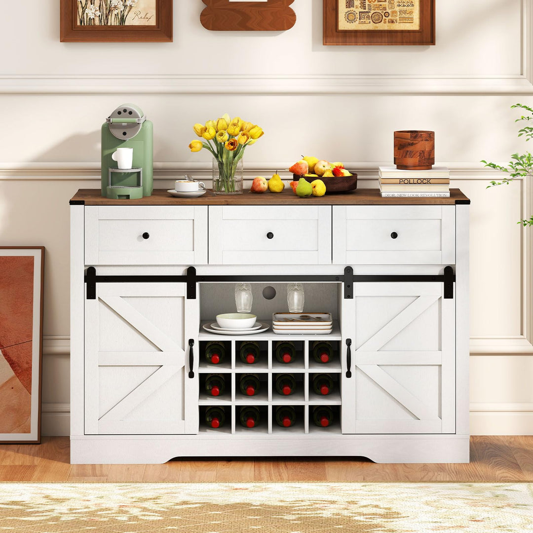 Giantex Wine Bar Cabinet with LED Lights 52" Buffet Sideboard w/Sliding Barn Door 3 Drawer