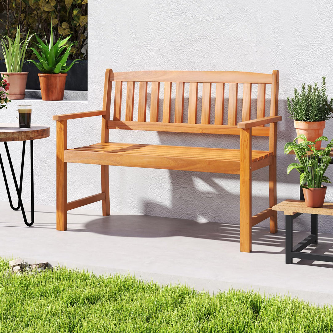 Giantex 2-Person Outdoor Bench Acacia Wood Patio Bench w/Ergonomic Backrest