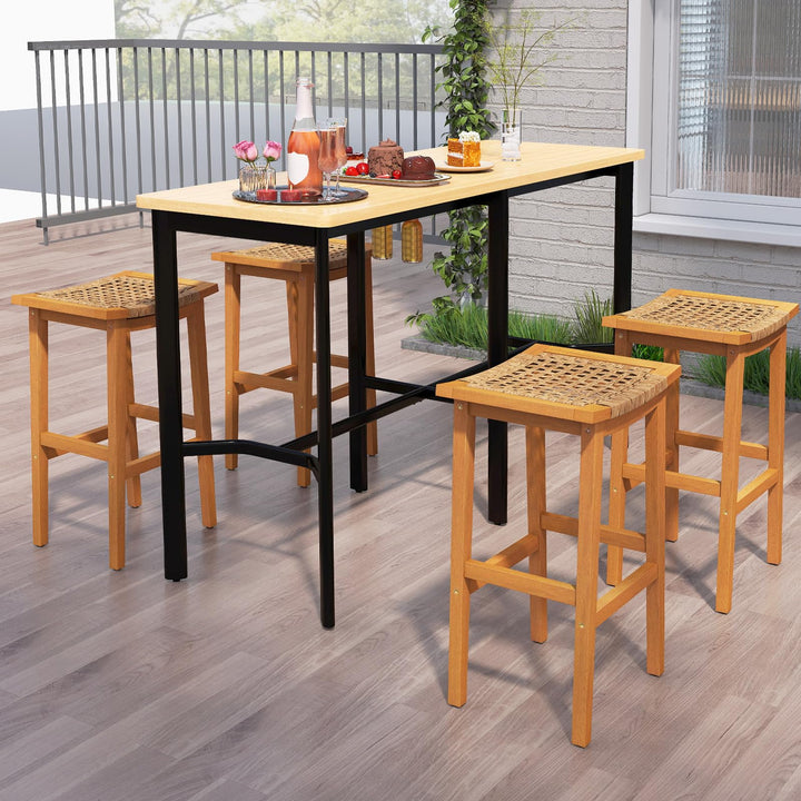 Giantex Outdoor Wooden 29" Bar Stools Set of 2/4 Backless Patio Barstools with PE Rattan Saddle Seat & Footrest