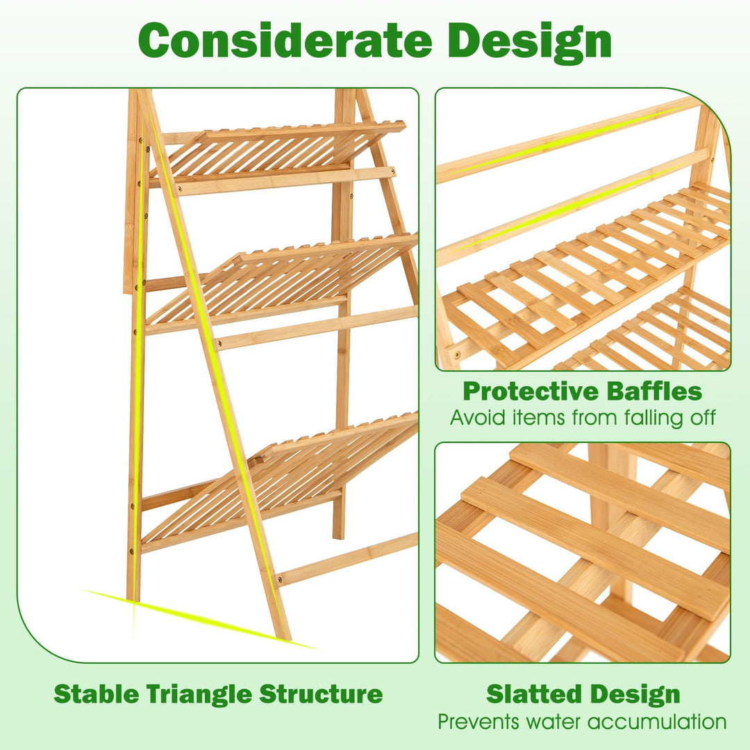 Giantex Plant Stand Indoor Outdoor - Bamboo 3-Tier Hanging Tall Ladder Flower Pot Display Organizer Rack