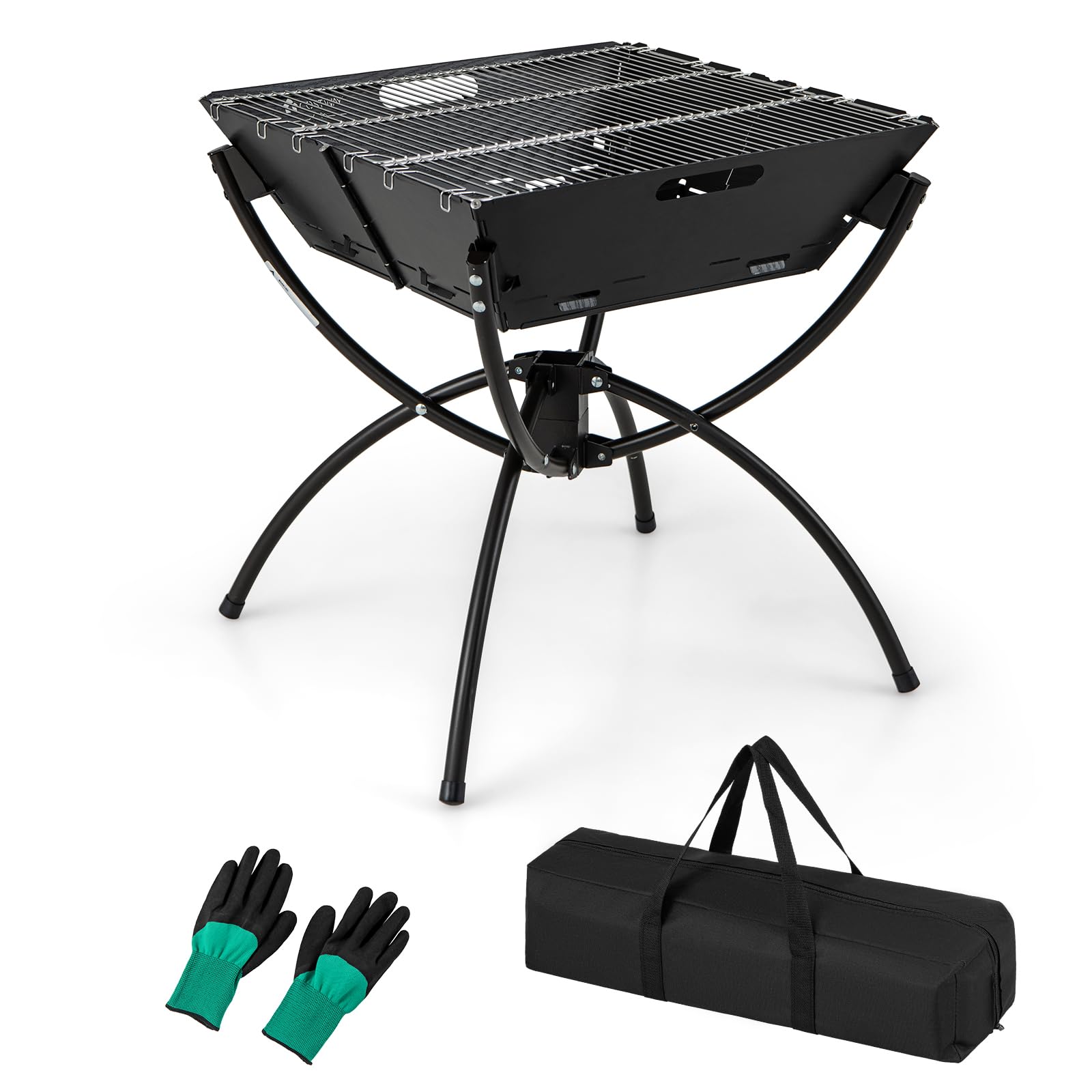 Giantex Folding Campfire Grill, Camping Fire Pit with Stainless Steel Grates, Collapsible Aluminum Legs, Carry Bag