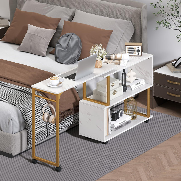 Giantex 360° Free Rotating Sofa Side Table Modern L Shaped Desk with Storage Bookcase