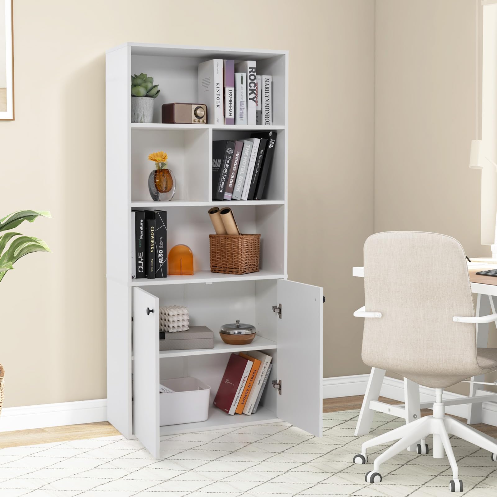 Giantex 3-Tier Bookcase with Doors, 61" Tall Bookshelf with 4 Open Cubes & Adjustable Shelf, White