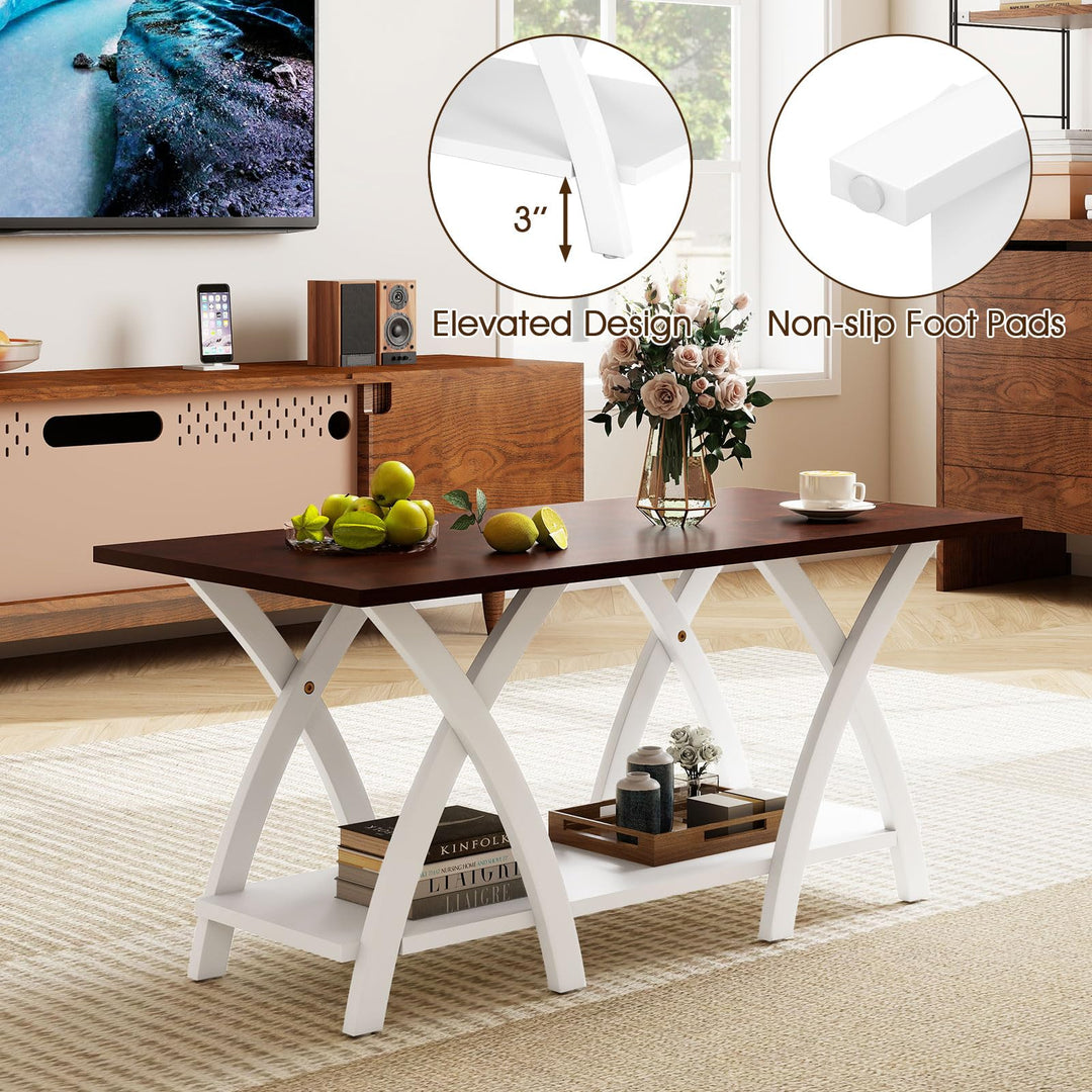 40 Inch Farmhouse Wooden 2-Tier Coffee Table with Storage Shelf for Living Room