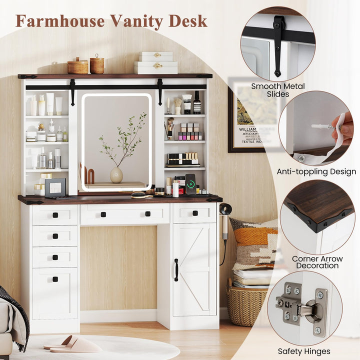 CHARMAID Farmhouse Vanity Table with Barn-Style Sliding Lighted Mirror 45 in Makeup Vanity Desk with Charging Station