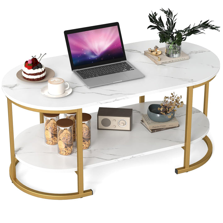 Giantex 2-Tier Coffee Table Oval Center Table with Wood Grain Top & Open Storage Shelf