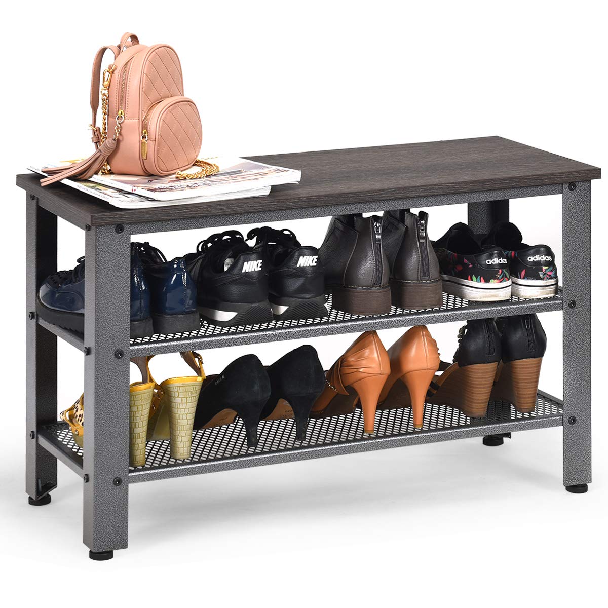 Giantex 3-Tier Shoe Bench, Industrial Shoe Rack with 2 Mesh Storage Shelves