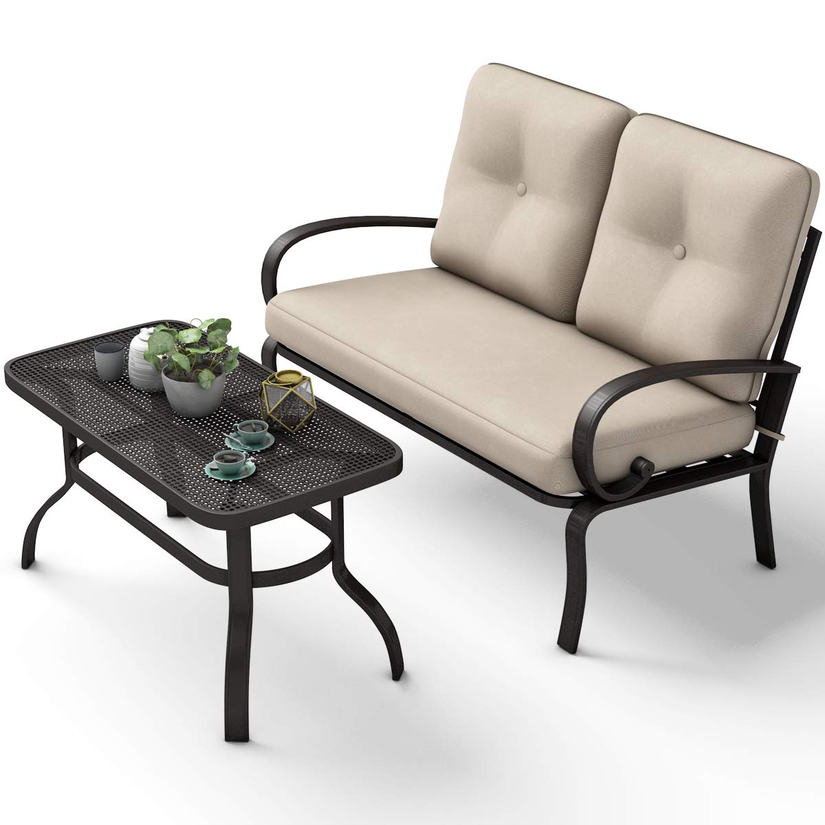2 Pcs Patio Loveseat with Coffee Table Outdoor Bench with Cushion and Metal Frame