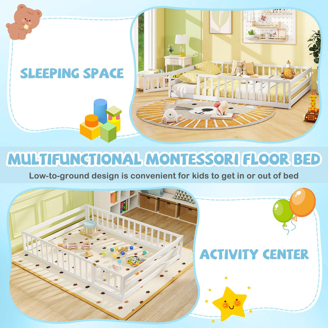 Giantex Floor Bed with Door & Fence Kids Wood Montessori Beds with Safety Guardrails