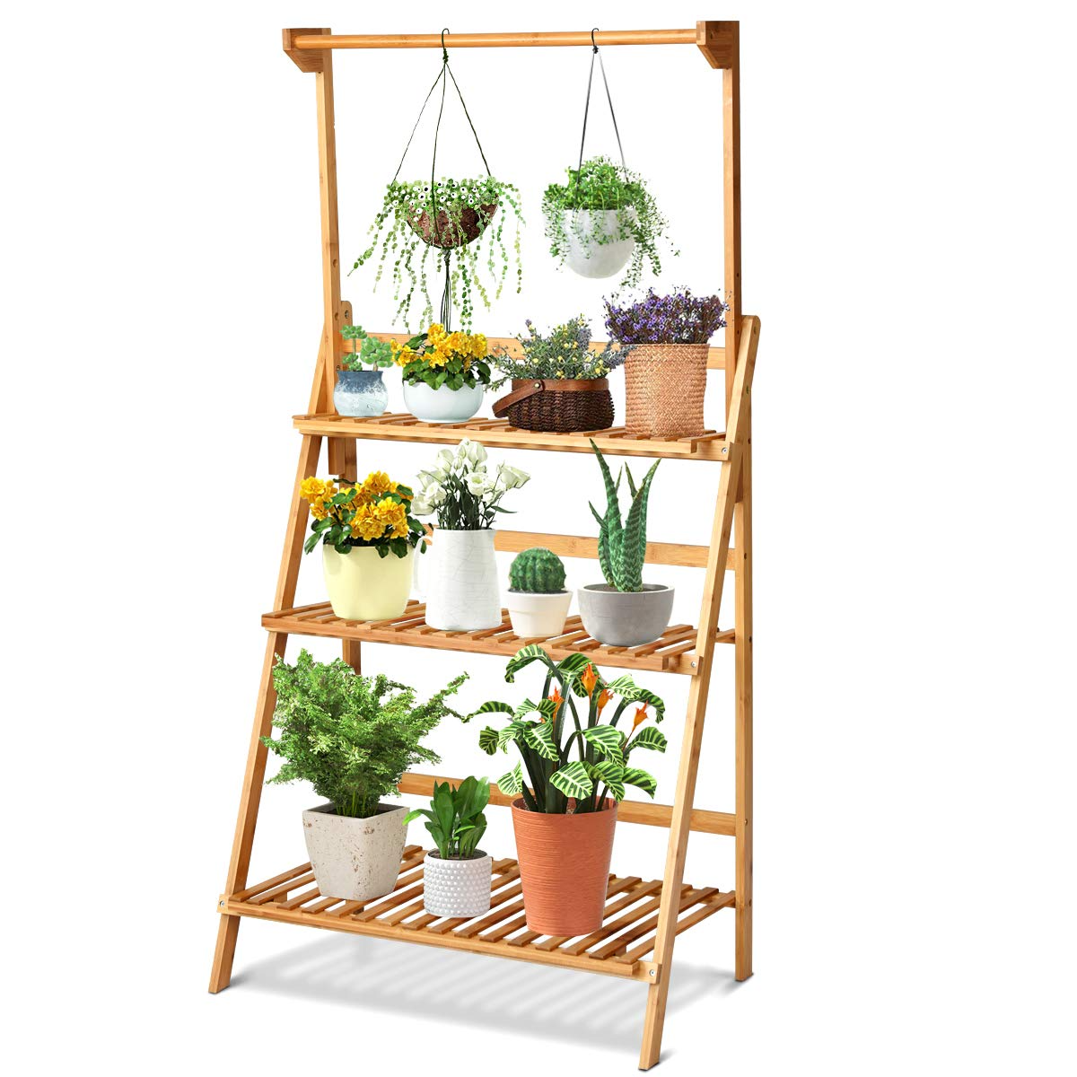 plant pot shelving Giantex 3-Tier Hanging Plant Stand Storage Shelf, Folding Flower Pot Organizer Display Storage Rack