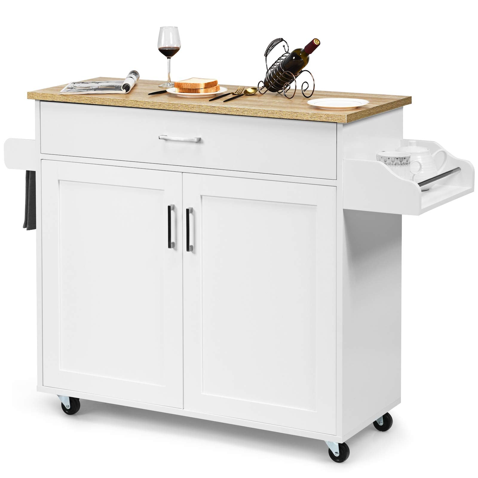 Giantex Kitchen Island, Rolling Kitchen Cart with Spice and Towel Rack, Large Drawer & 2-Door Storage Cabinet