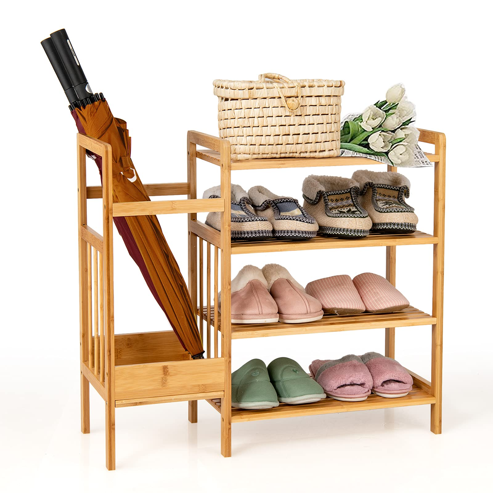 Giantex 4-Tier Bamboo Shoe Rack, Multifunctional Storage Stand, Entryway Organizer w/ Umbrella Holder & Storage Shelves