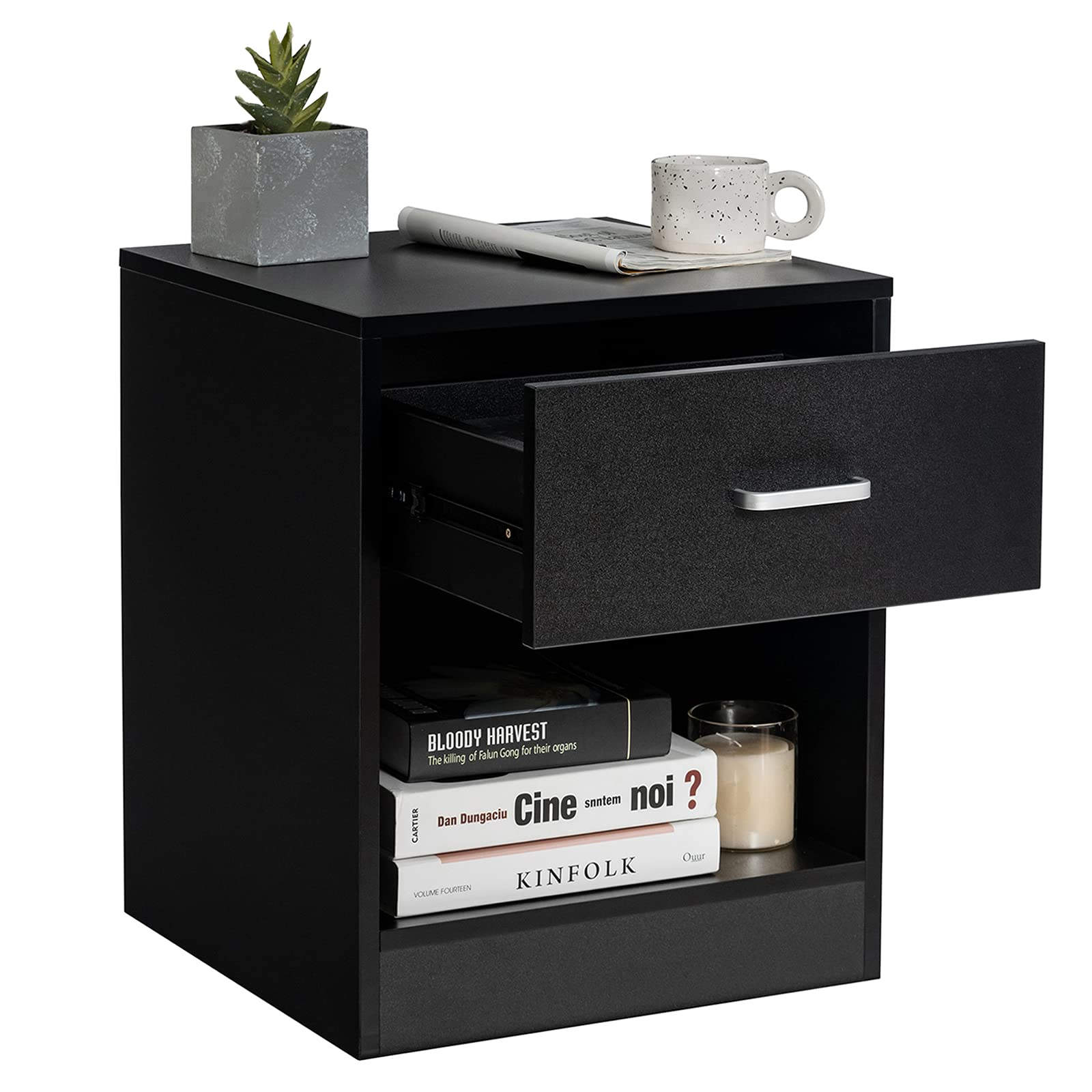 Giantex Nightstand w Drawer 2 Tier Wooden Bedside Table Black