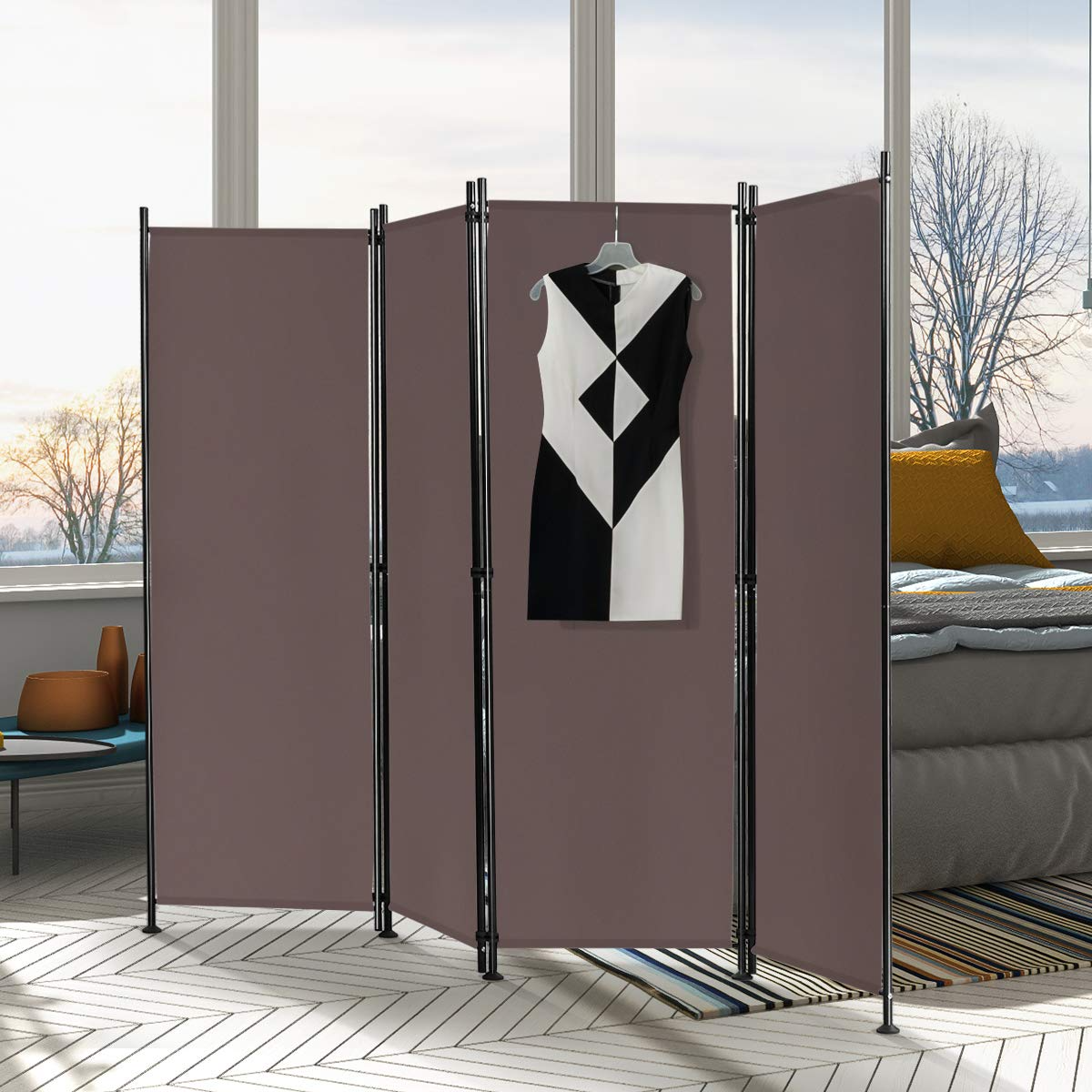 Giantex 4 Panel Room Divider, 5.6 Ft Folding Privacy Screen with Adjustable Foot Pads (Coffee) - Giantexus