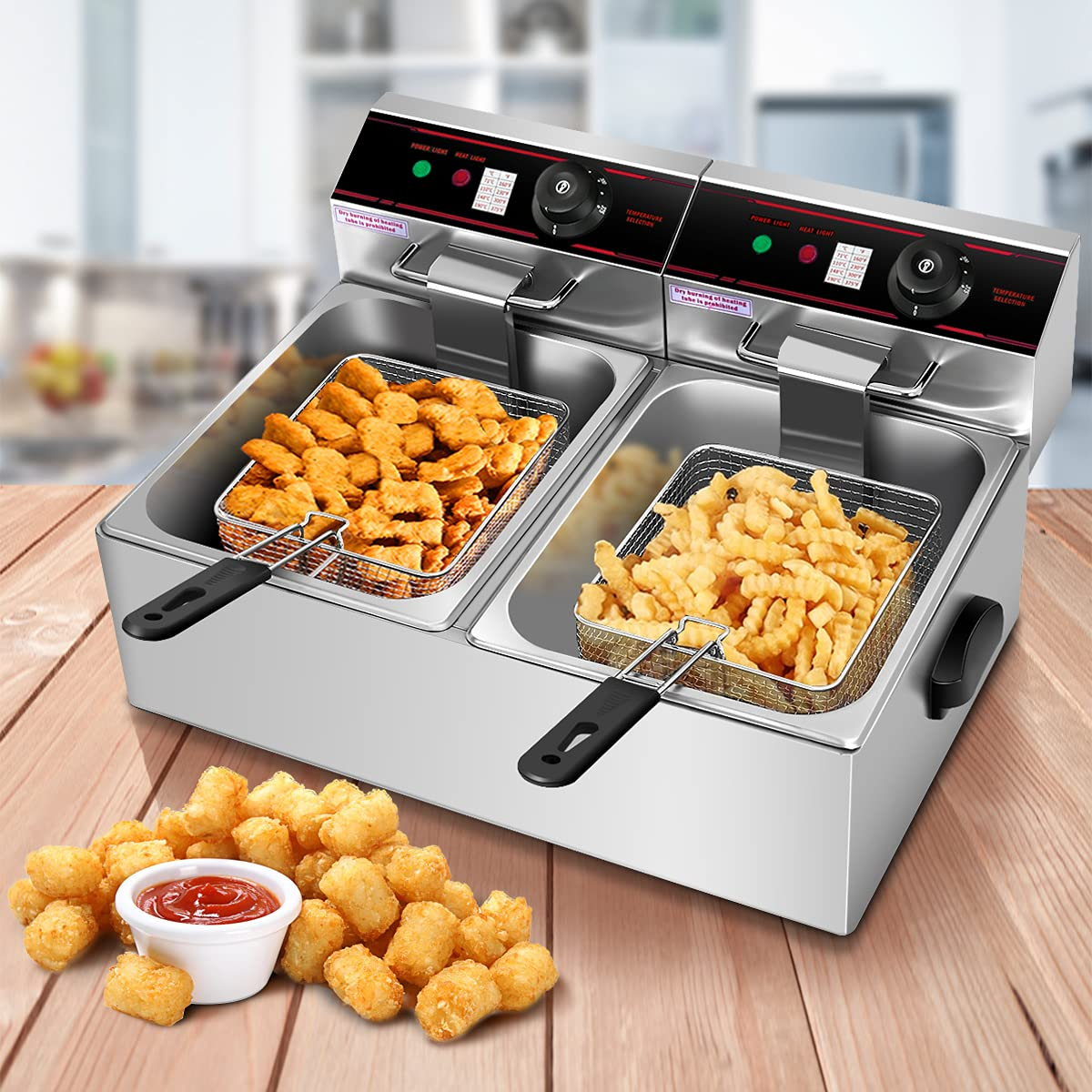 Giantex 3400W Commercial Deep Fryer Dual Tank, 12.8QT Stainless Steel Electric Deep Fryer with 2 Baskets