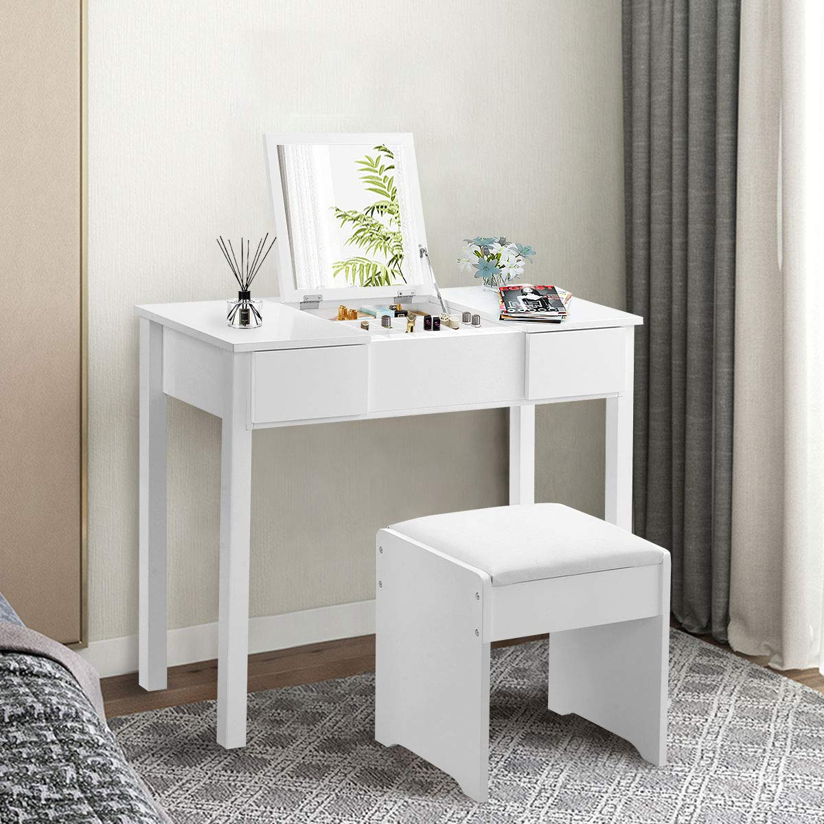 Giantex Makeup Dressing Table Writing Desk with 2 Drawers & 3 Removable Organizers