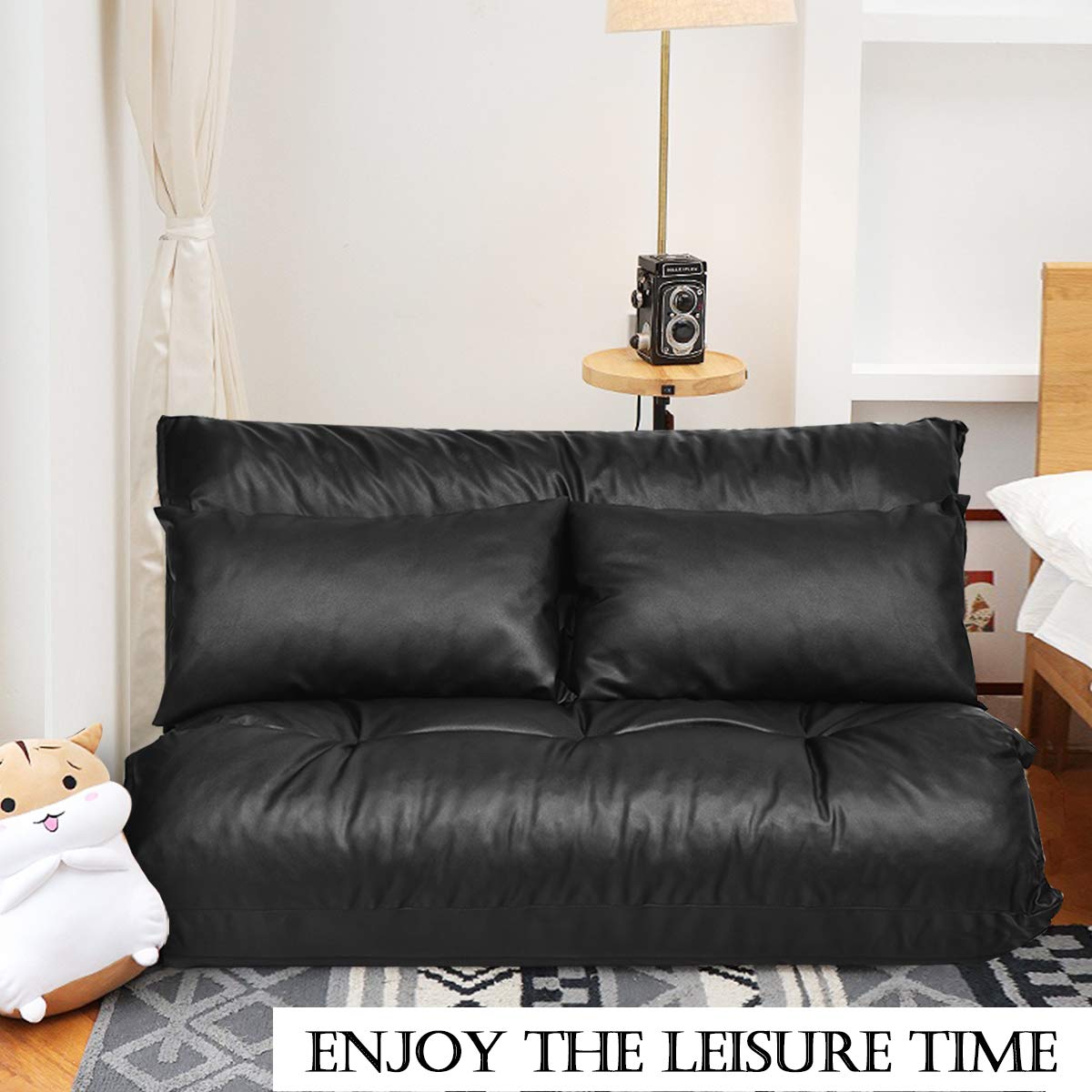 Giantex Floor Sofa PU Leather Leisure Bed Video Gaming Sofa with Two Pillows, Black