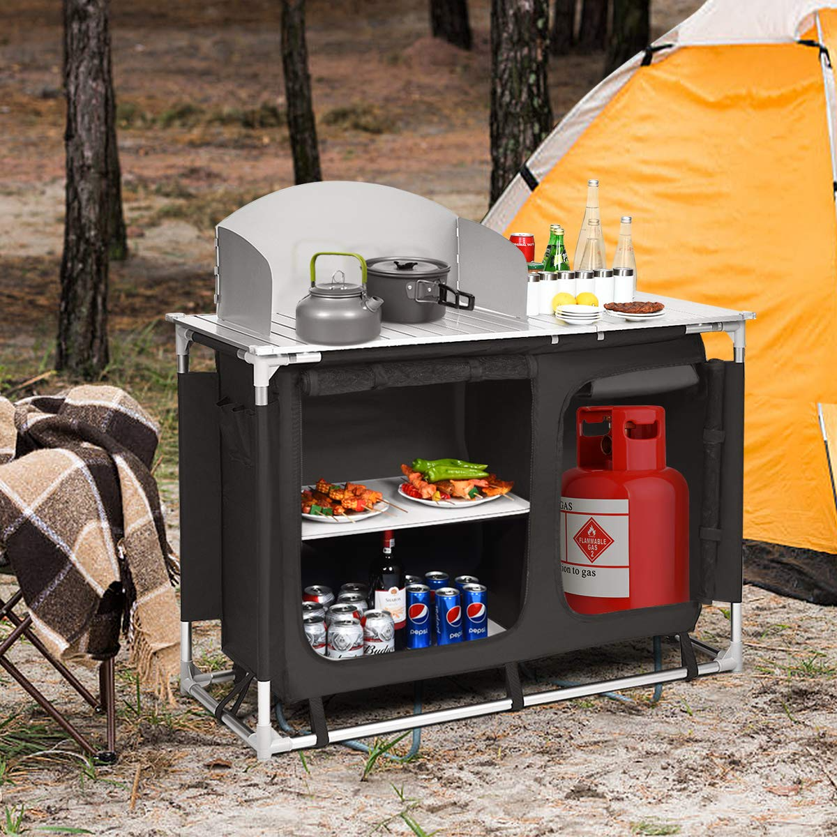 Giantex Camping Grill Table w/Windscreen & Storage Organizer