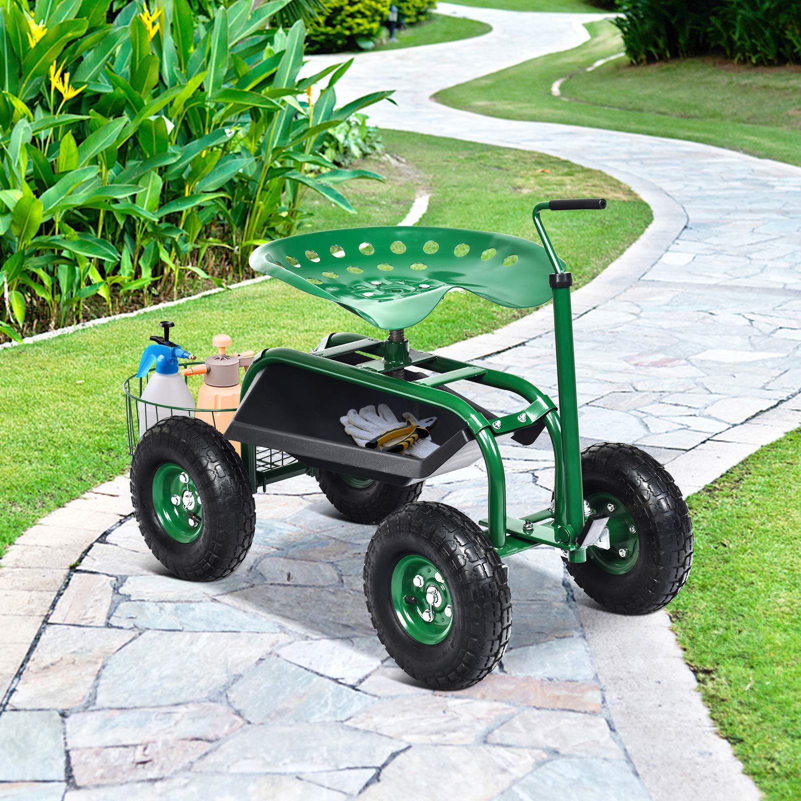 Giantex Garden Cart, 4-Wheel Gardening Workseat with Storage Basket (Green)