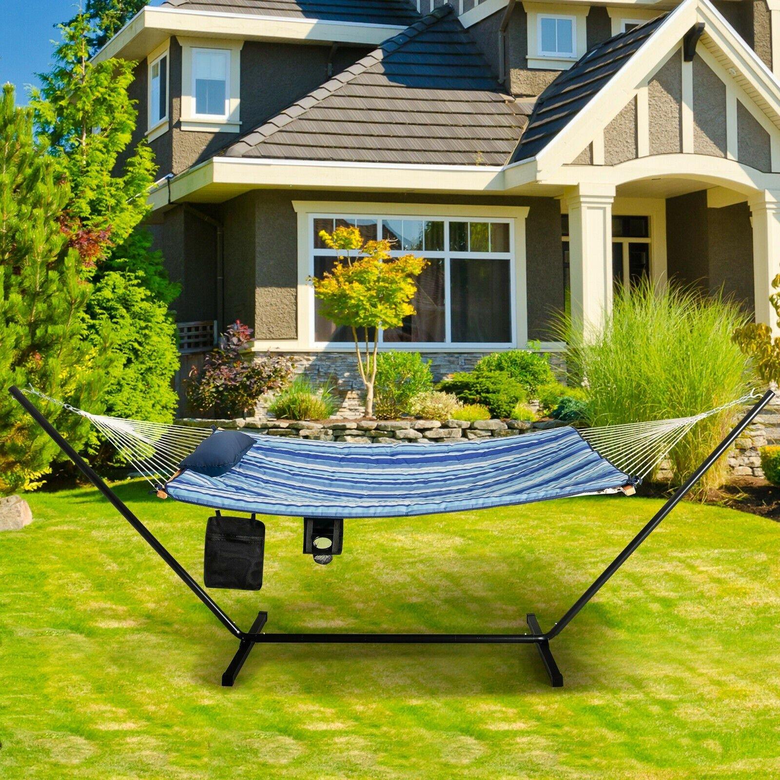 12Ft Hammock with Stand, 2 Person Heavy-Duty Steel Hammock Stand, 450 lbs Capacity (Blue and Beige Striped) - Giantexus