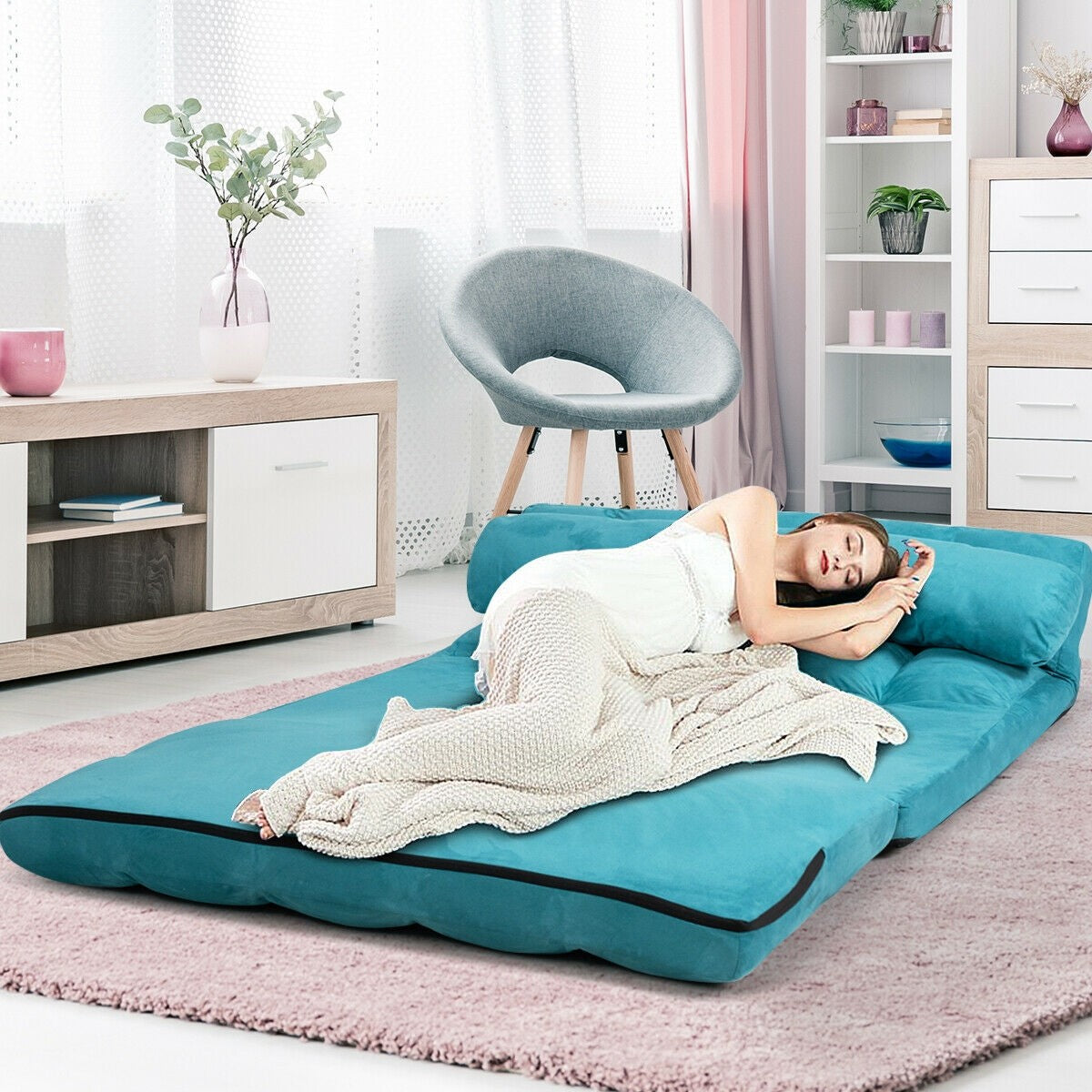 Adjustable Floor Sofa, Foldable Lazy Sofa Sleeper Bed 6-Position Adjustable,2 Pillows - Giantexus