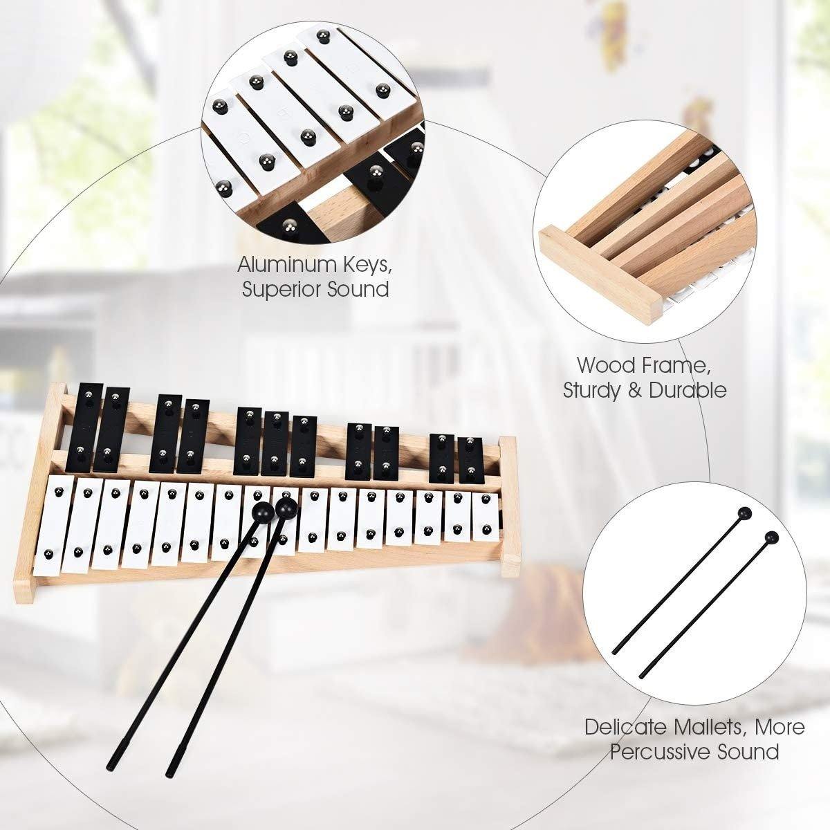 27 Note Glockenspiel Xylophone, Percussion Instrument with Wood Base - Giantexus