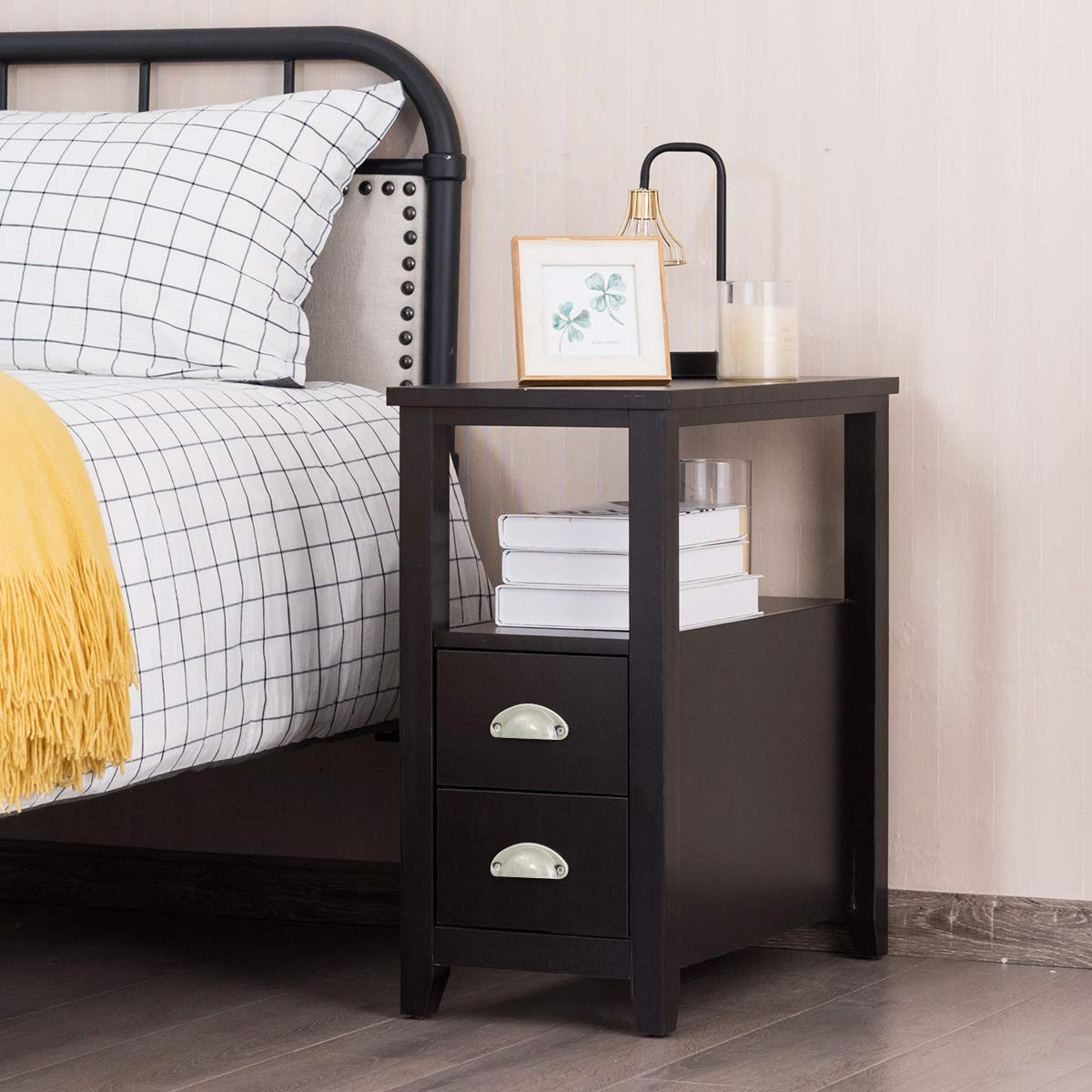 Giantex End Table Wooden W/ 2 Drawers and Shelf Space-Saving Rectangular Bedside Table