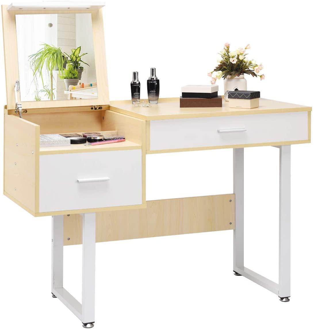Makeup Table Writing Desk with Flip Top Mirror - Giantexus
