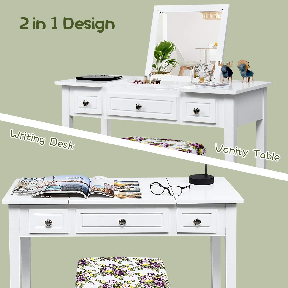 CHARMAID Vanity Set with Flip Top Mirror and 3 Drawers &7 Compartments, White - Giantexus