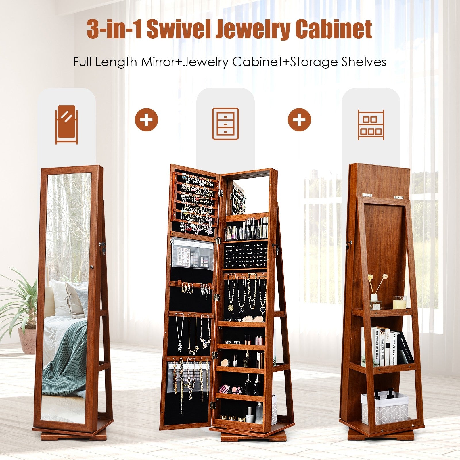 CHARMAID | 360-degree Rotating Jewelry Armoire with Higher Full Length Mirror - Giantexus
