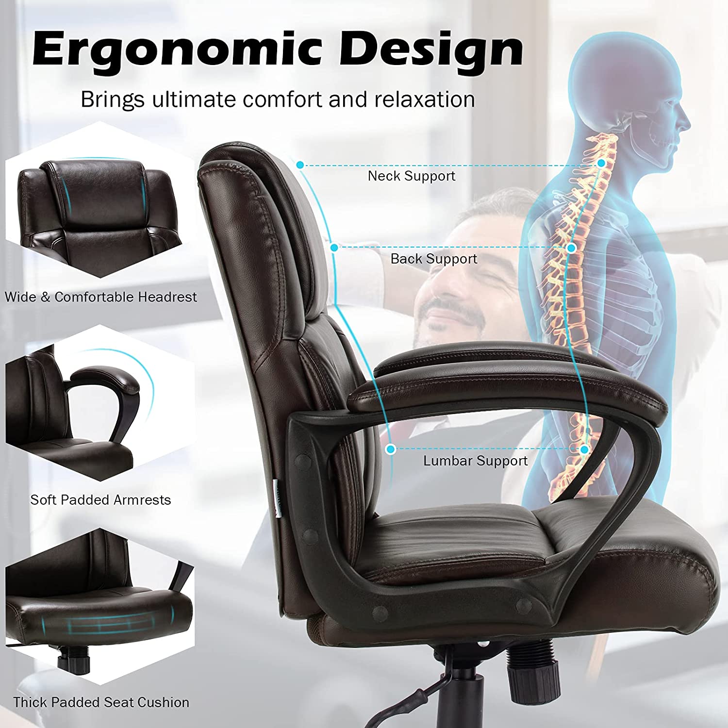 Giantex Office Chair,w/ Padded Armrests, Height Adjustable Swivel Task Chair (Dark Brown)