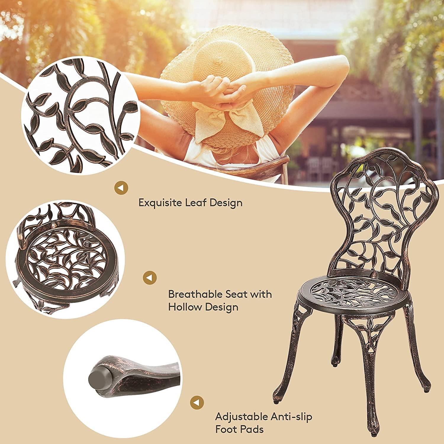 3 Piece Bistro Set Cast Leaf Design Antique Outdoor Patio Furniture Weather Resistant Garden Round Table and Chairs (Leaf Design) - Giantexus
