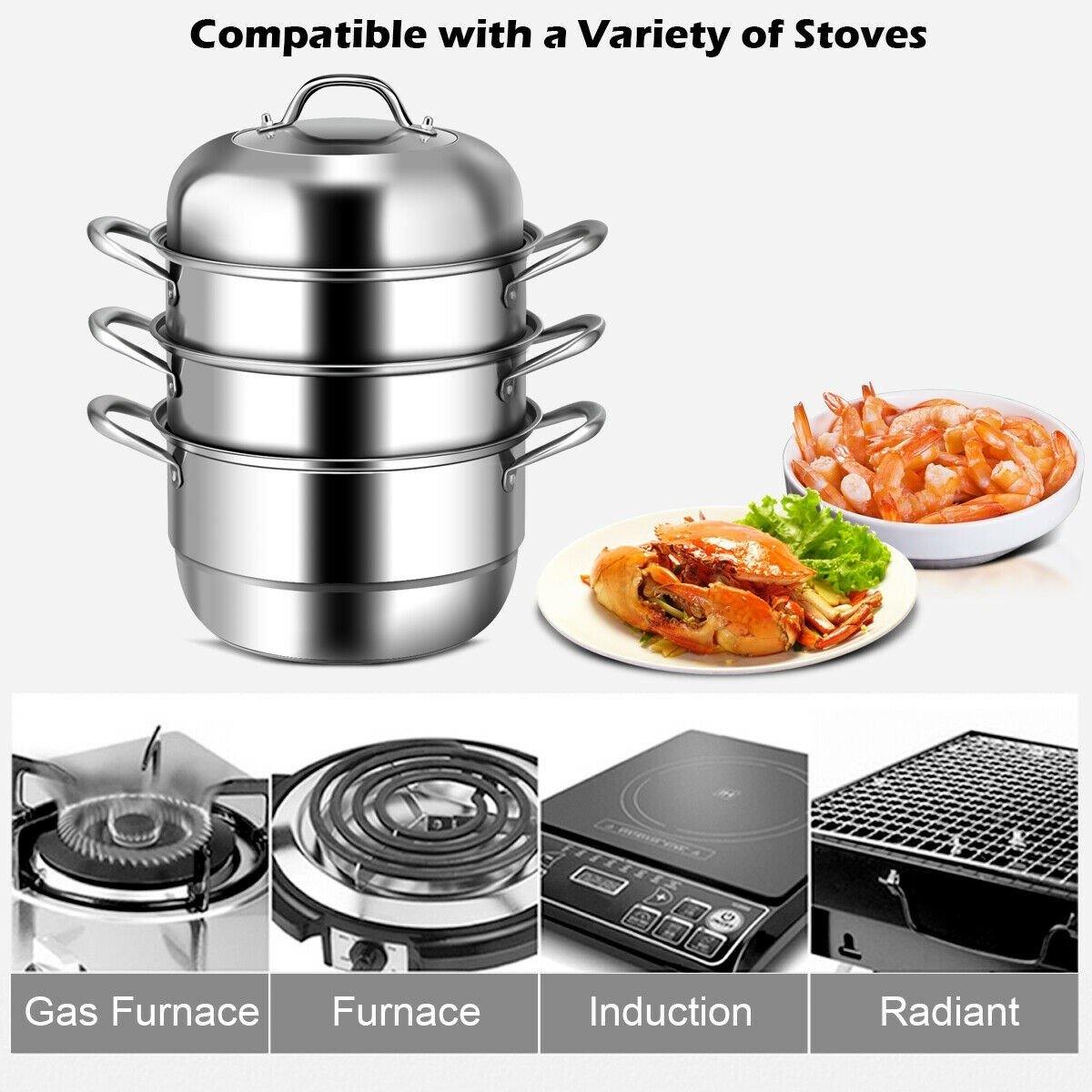3-Layer Stainless Steel Steamer Pot for Cooking Soup and Steaming Food (Silver) - Giantexus