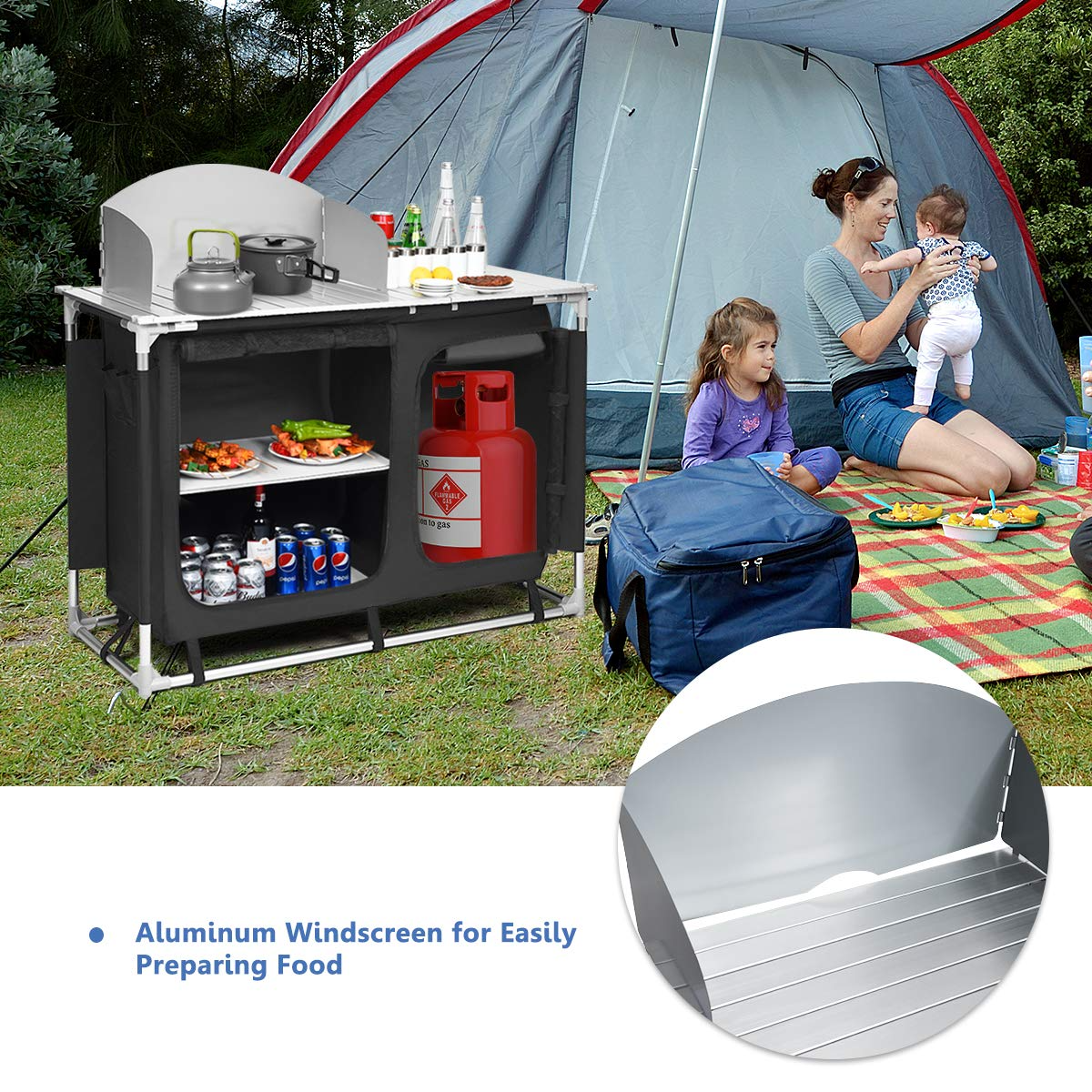 Giantex Camping Grill Table w/Windscreen & Storage Organizer