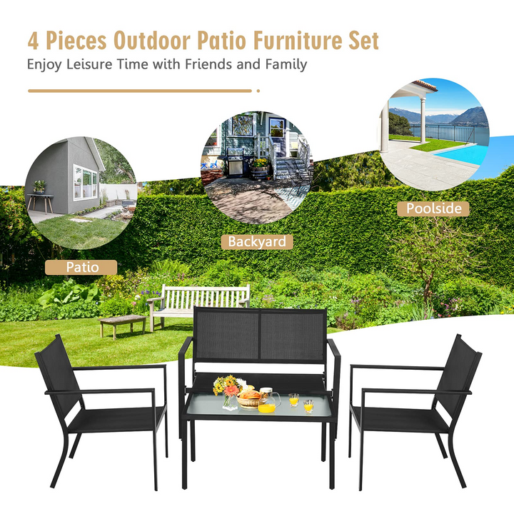 Giantex 4 Pieces Patio Furniture Set, Outdoor Conversation Set, Loveseat Bench with 2 Patio Chairs & Tempered Glass Coffee Table
