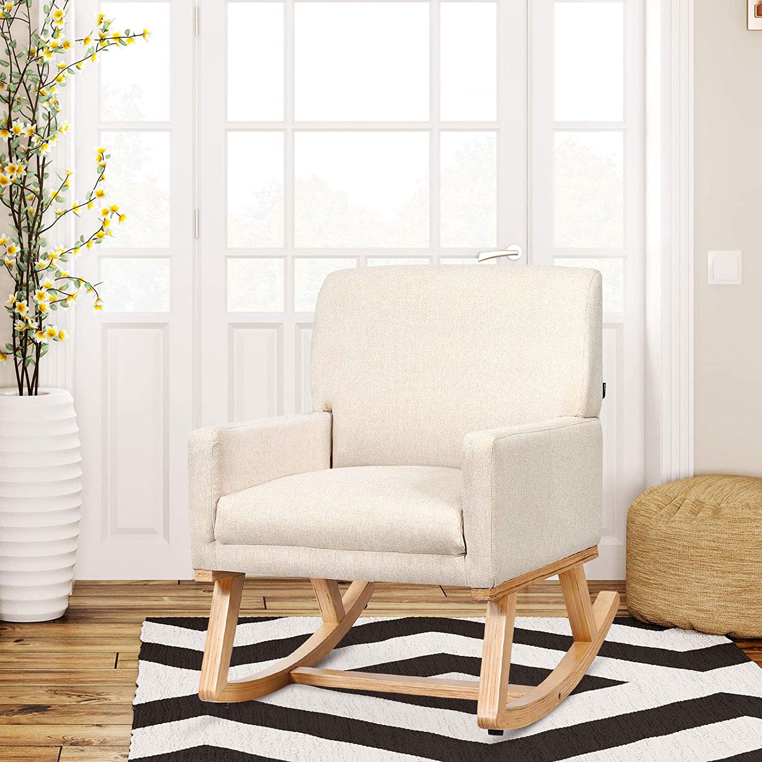 Giantex Upholstered Rocking Chair with Fabric Padded Seat and Solid Wood Base