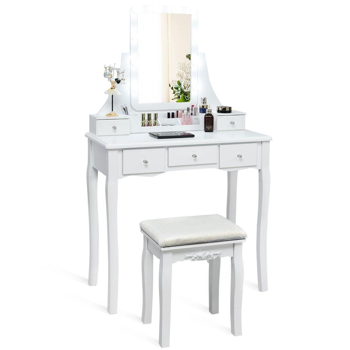 Vanity Set with Lighted Mirror, 10 Dimmable Light Bulbs Vanity Dressing Table, 5 Drawer with 2 Dividers Removable Organizer - Giantexus